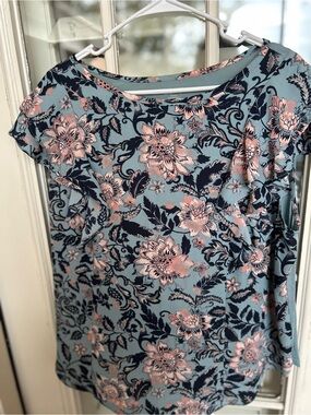 LOFT Blue Floral Ruffle Sleeve Top with Pink Accents
